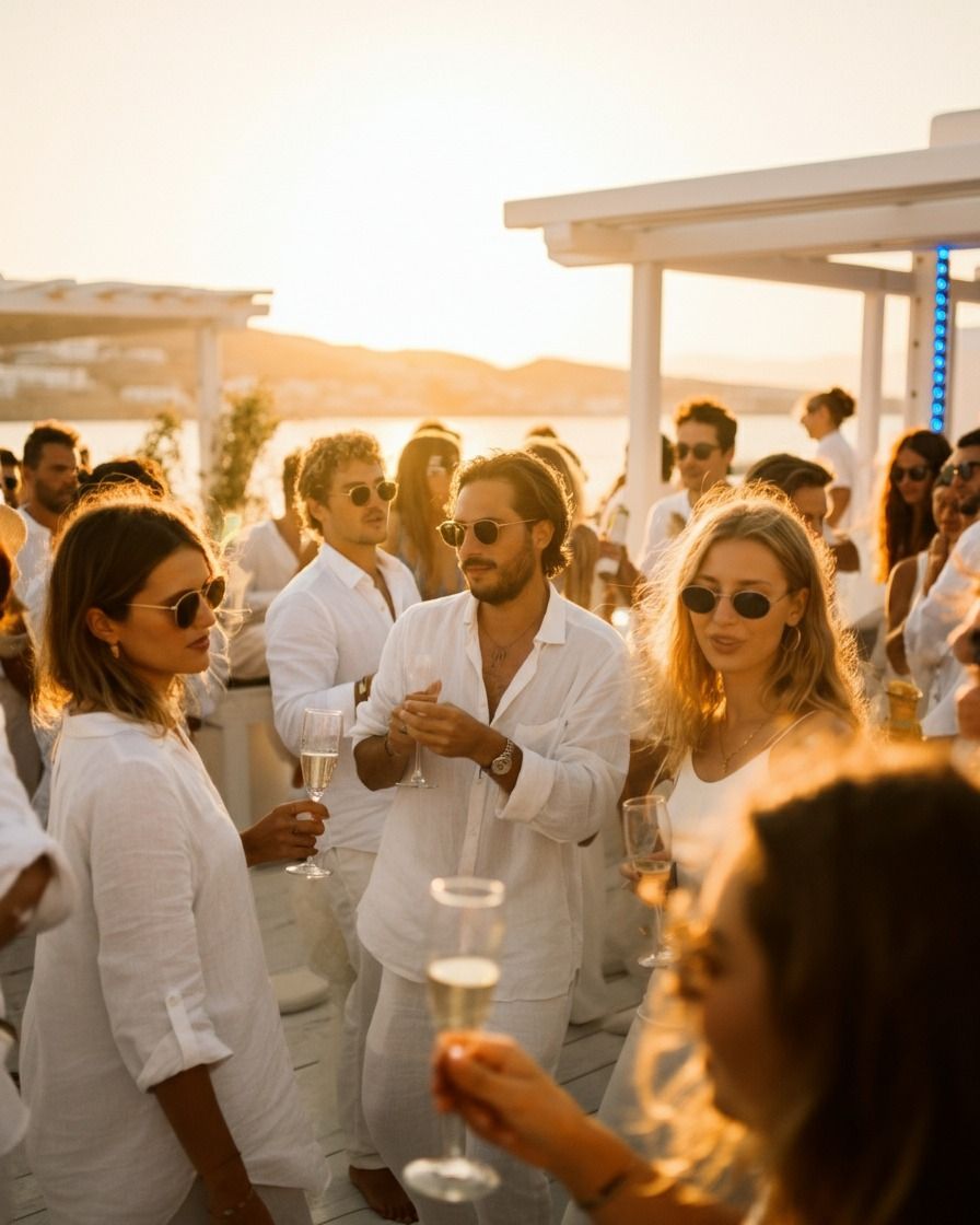Invités en blanc au coucher du soleil